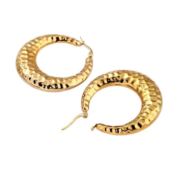 24K Gold Plated Hammered Hoop Pierced Post Earrings 43mm Oval Graduated Textured - Picture 12 of 15